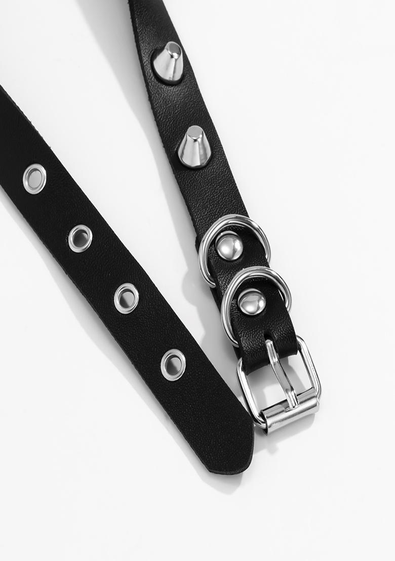 Black Faux Leather Metal Spike Choker Necklace - Indya