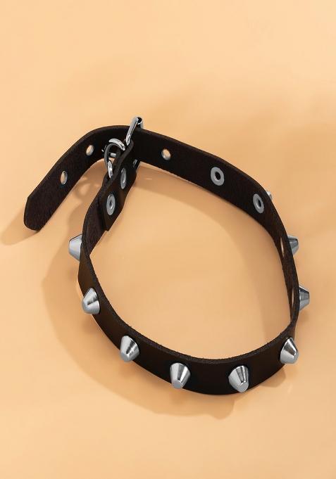 Black Faux Leather Metal Spike Choker Necklace