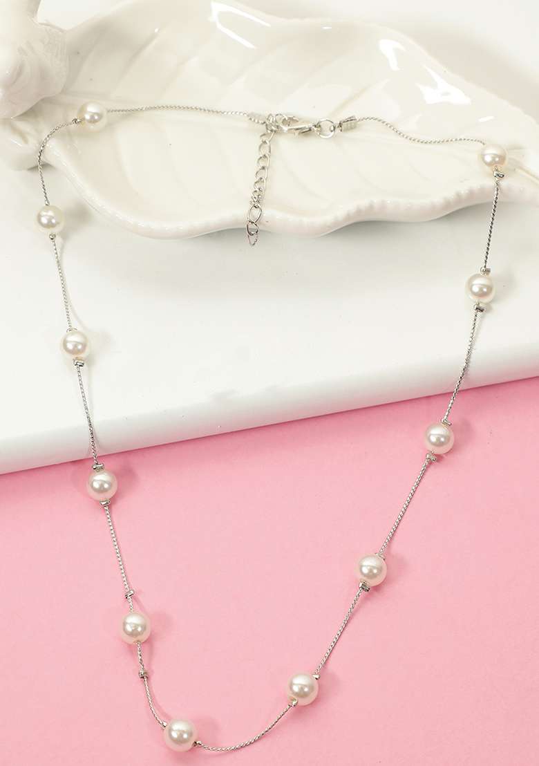 Silver Plated White Pearl Minimal Necklace - Indya