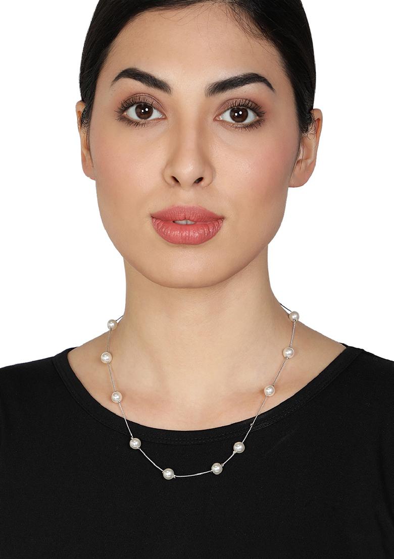 Silver Plated White Pearl Minimal Necklace - Indya