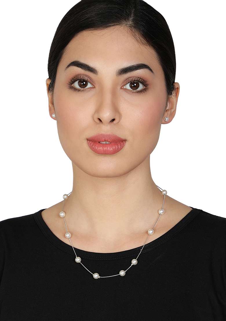Silver Plated White Pearl Minimal Necklace - Indya