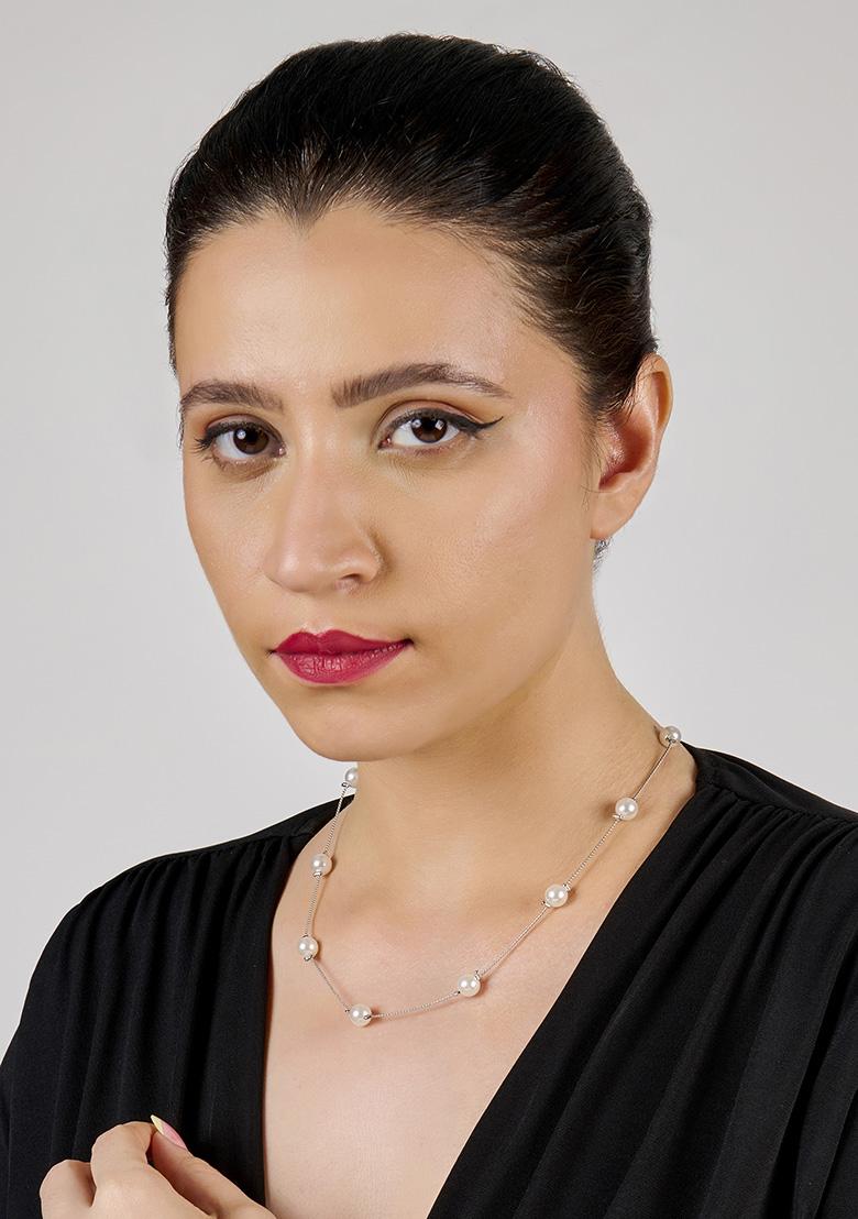 Silver Plated White Pearl Minimal Necklace - Indya