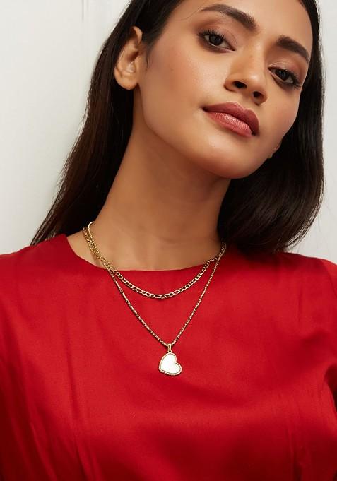 Gold Plated Stainless Steel Heart Shaped Pendant Layered Necklace