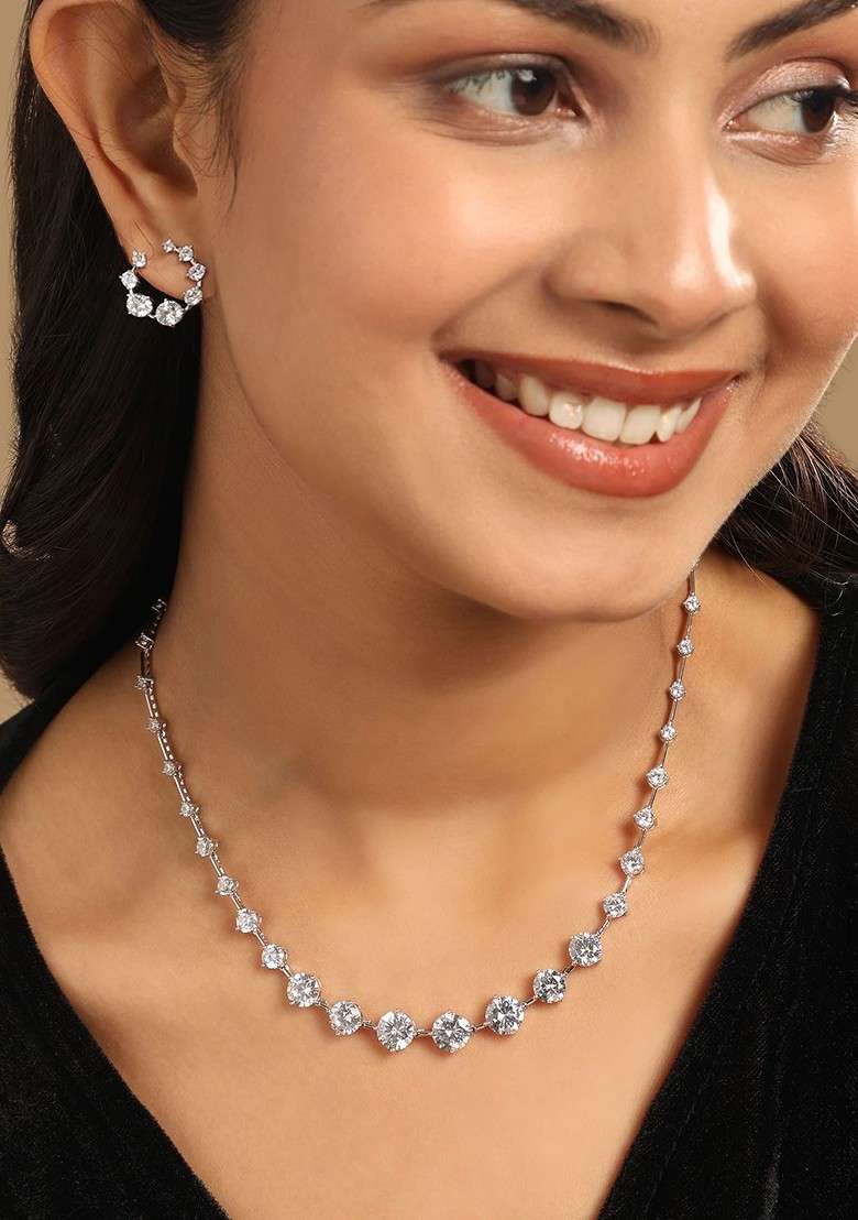 Silver Plated Minimal Cubic Zirconia Studded Necklace Set - Indya
