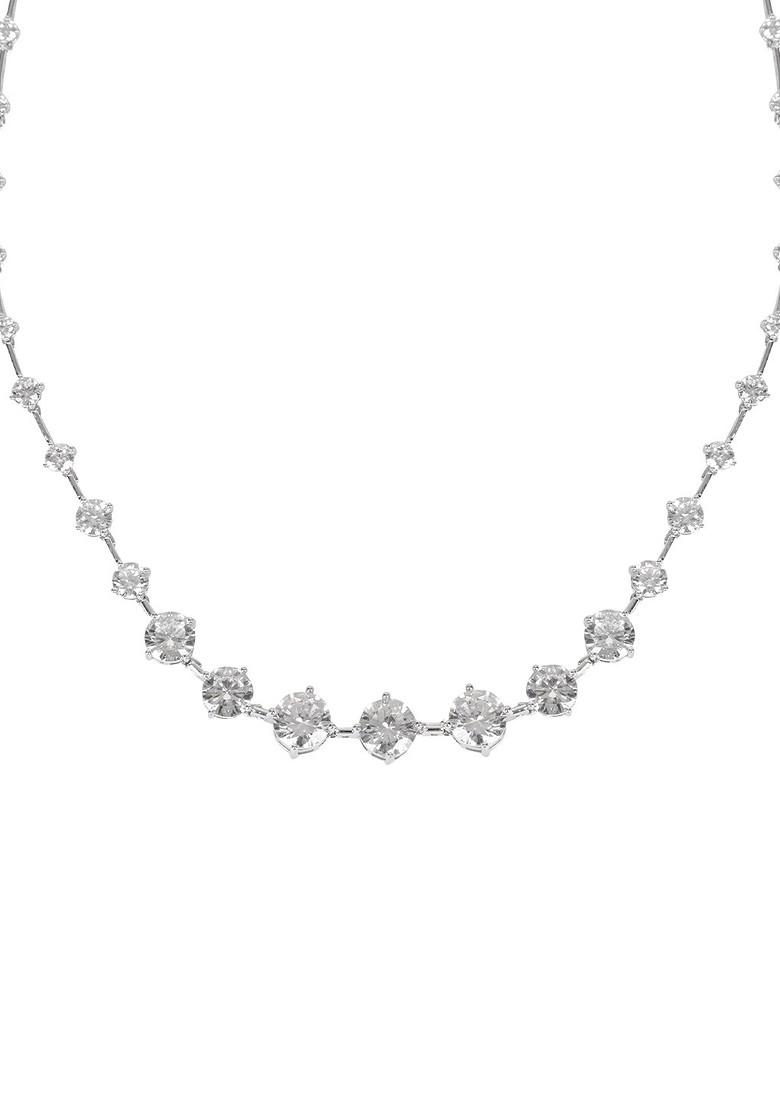 Silver Plated Minimal Cubic Zirconia Studded Necklace Set - Indya