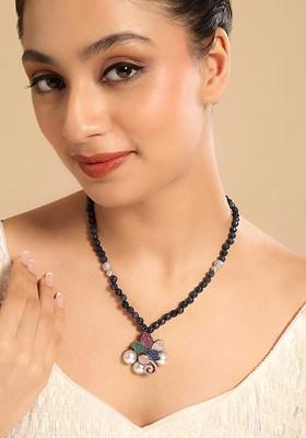 Twilight Blossom Silver Plated Artificial Studded Beaded Minimal Necklace