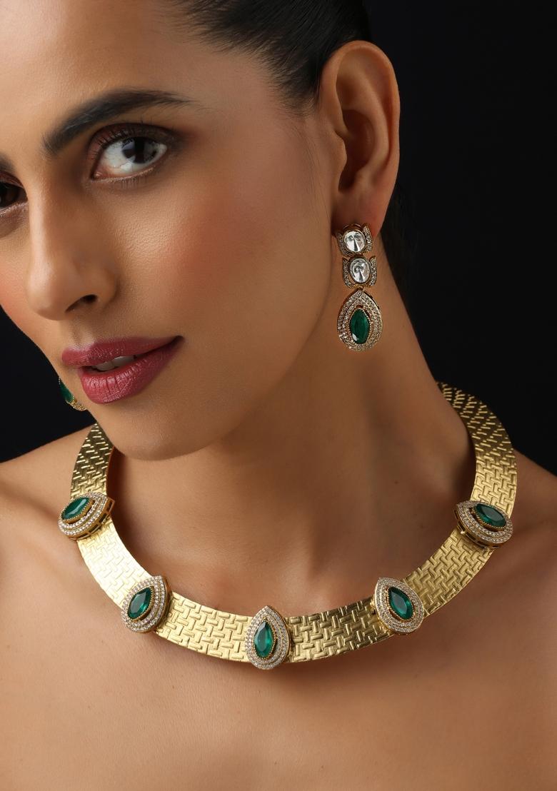 Green Polki Brass Necklace - Indya