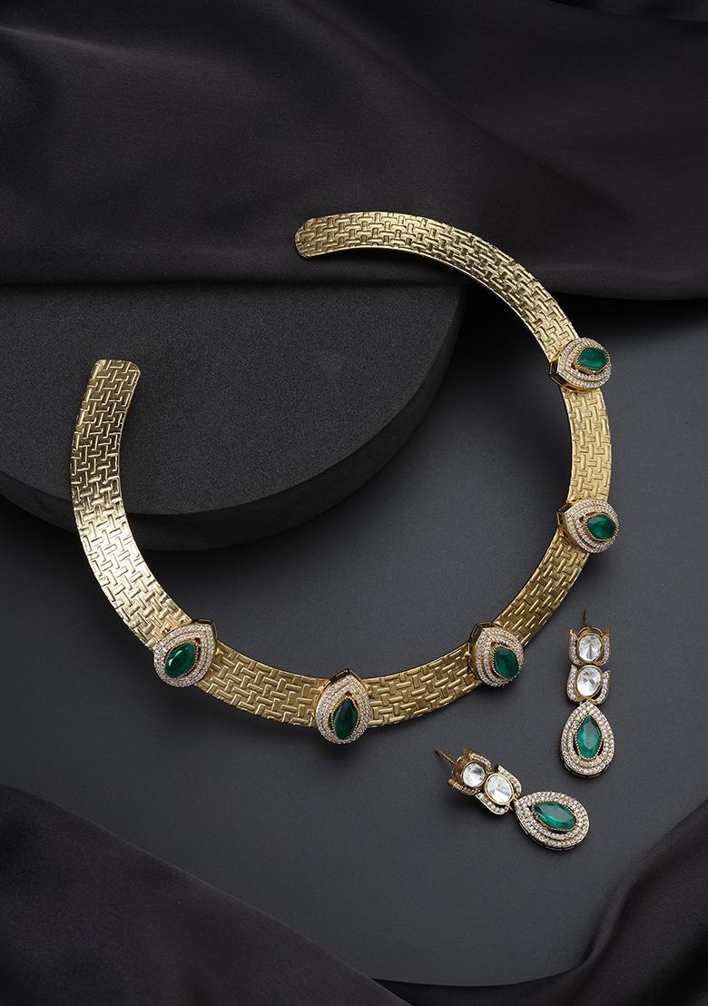 Green Polki Brass Necklace - Indya