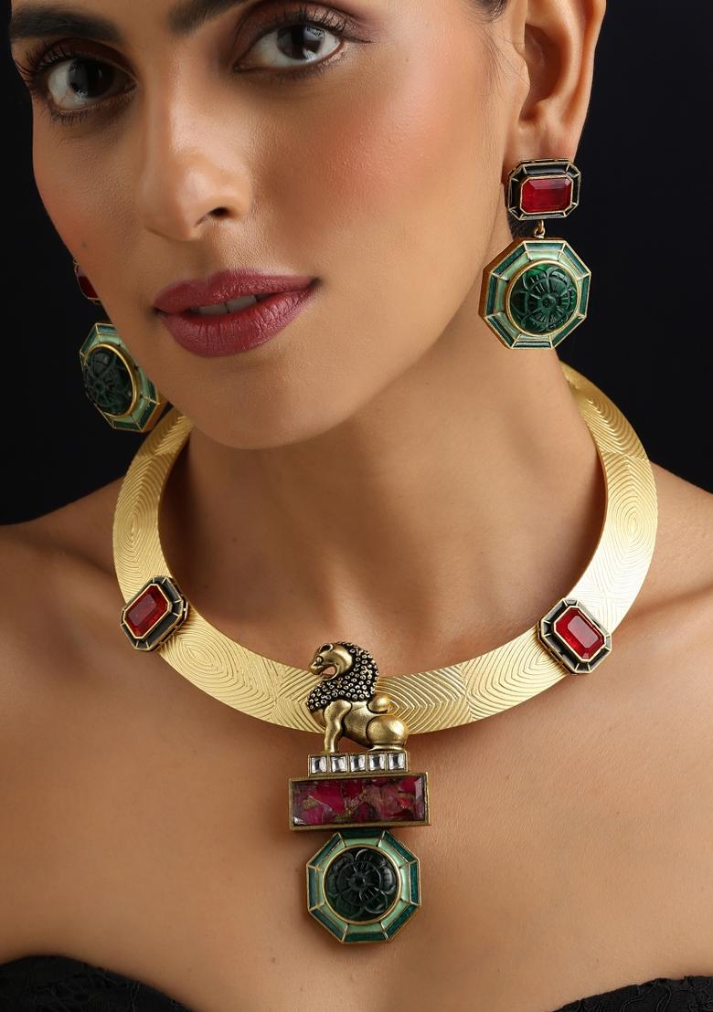 Multicolor Polki Silver Necklace - Indya