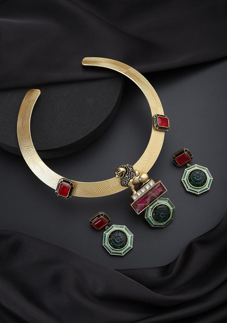 Multicolor Polki Silver Necklace - Indya