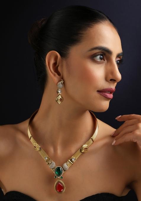 Multicolor Polki Brass Necklace