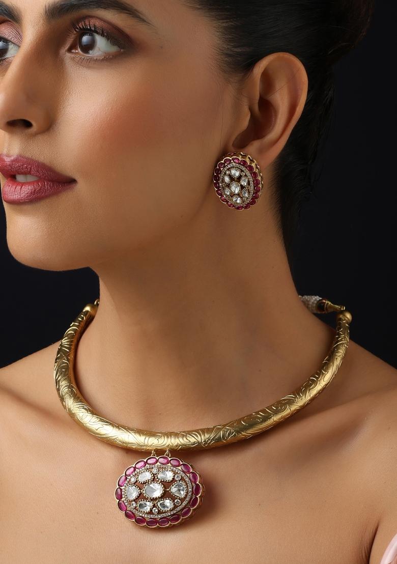 Red Polki Brass Necklace - Indya