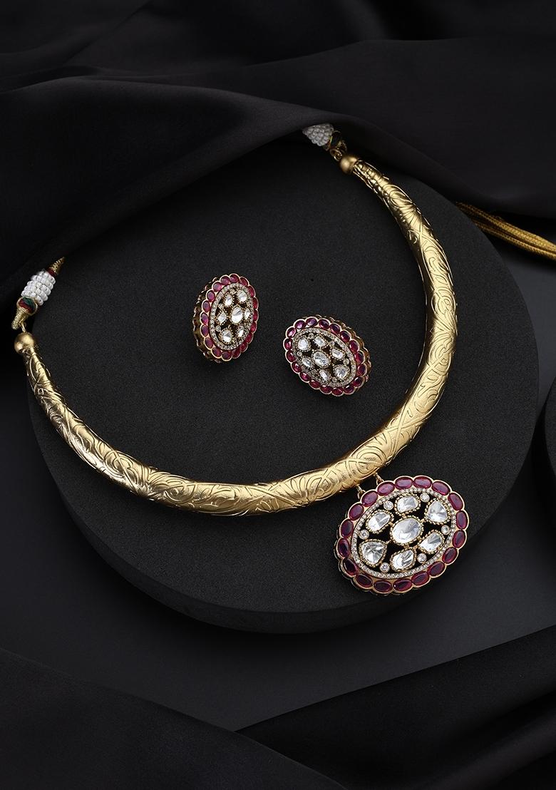 Red Polki Brass Necklace - Indya