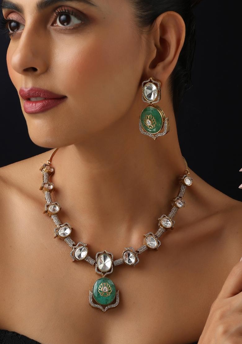 Green Polki Brass Necklace - Indya