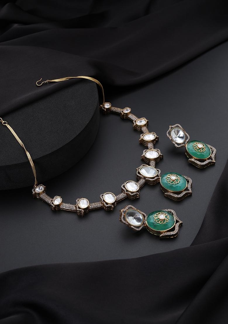 Green Polki Brass Necklace - Indya