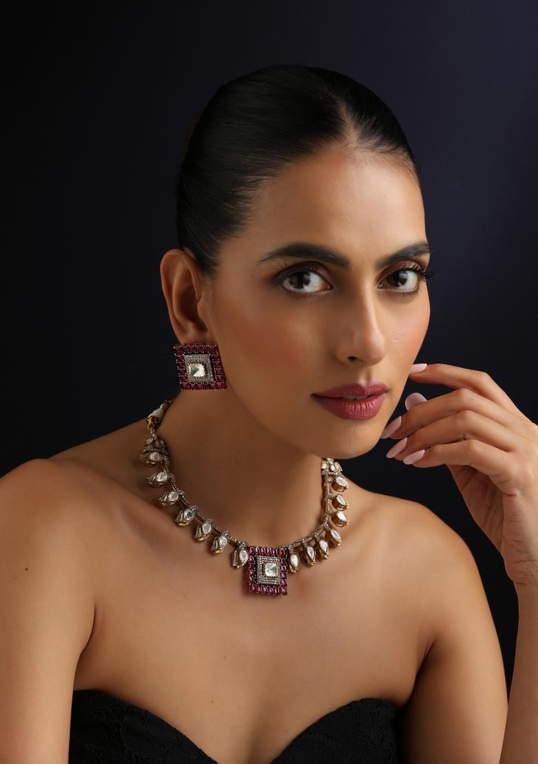 Red Polki Silver Necklace - Indya