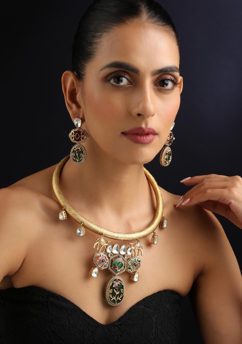 Multicolor Polki Brass Necklace - Indya