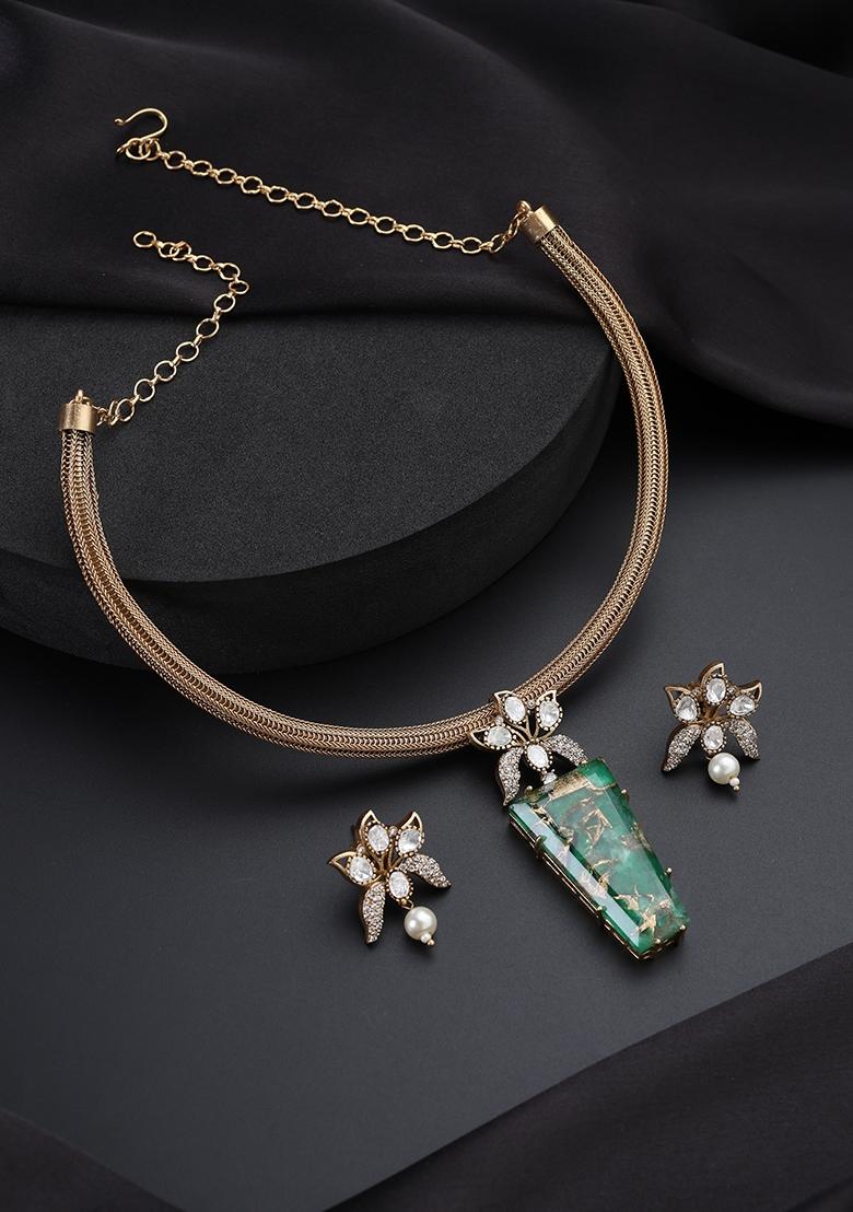 Green Polki Brass Necklace - Indya