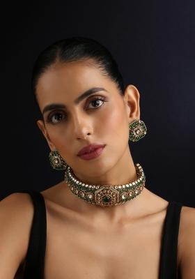 Green Polki Silver Necklace