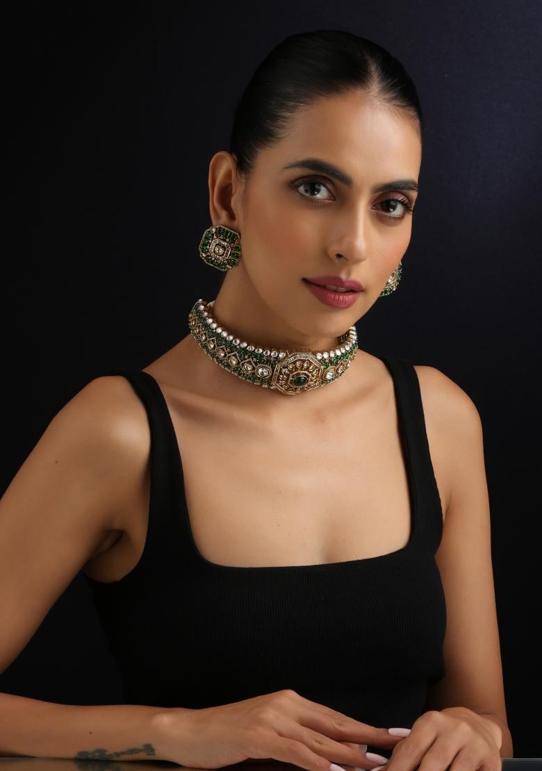 Green Polki Silver Necklace - Indya