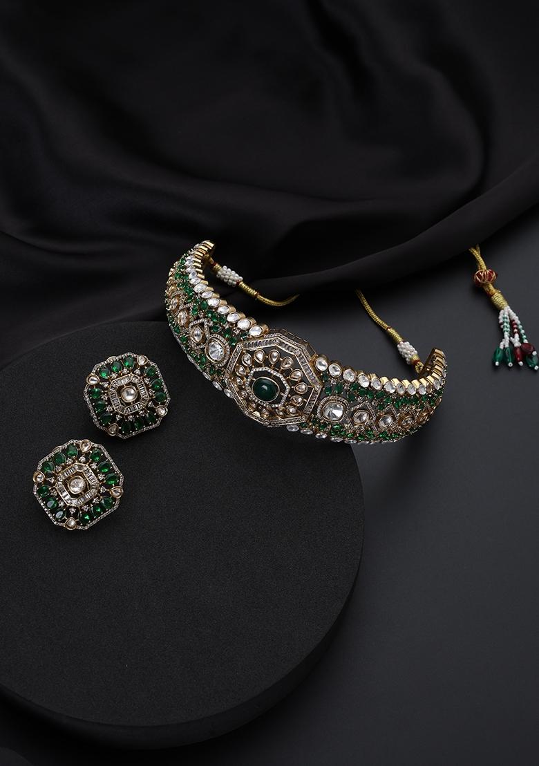 Green Polki Silver Necklace - Indya