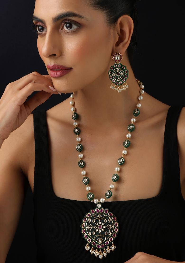 Green Polki Brass Necklace - Indya