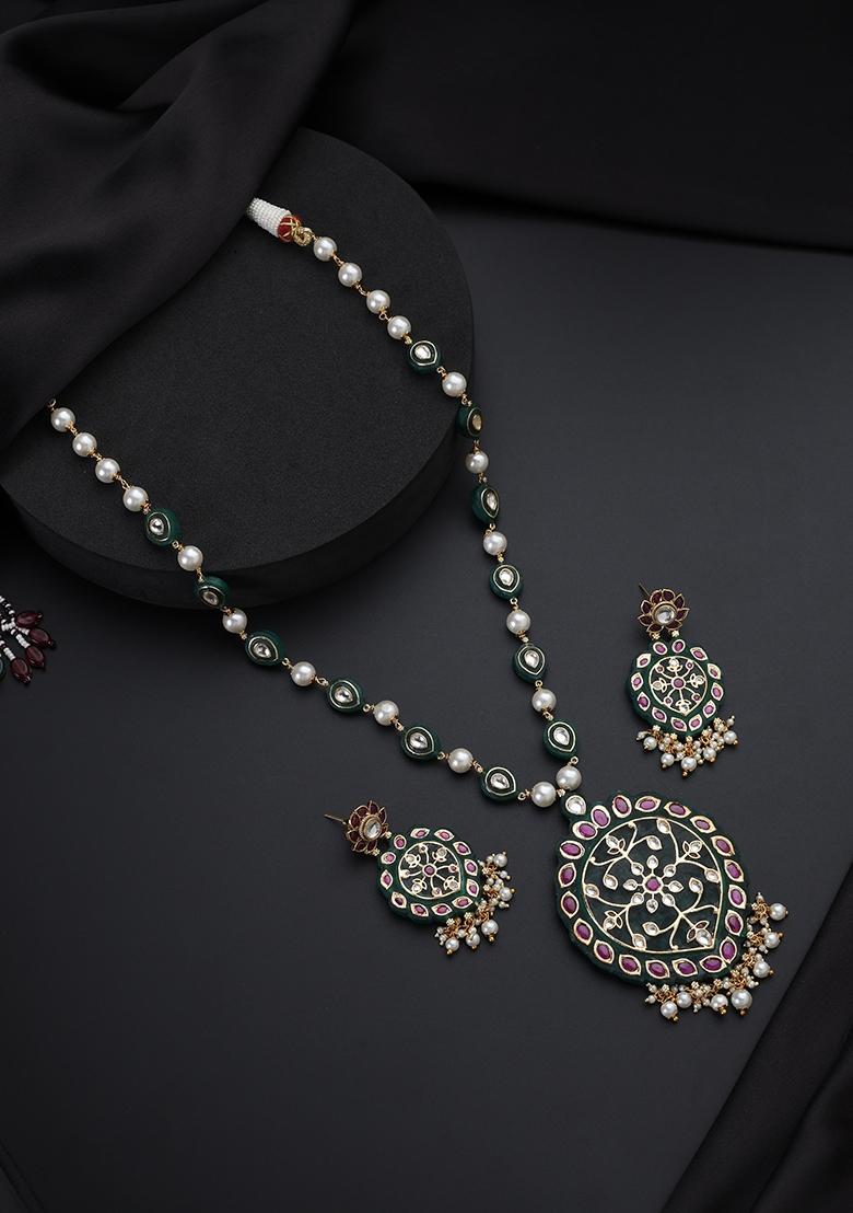 Green Polki Brass Necklace - Indya