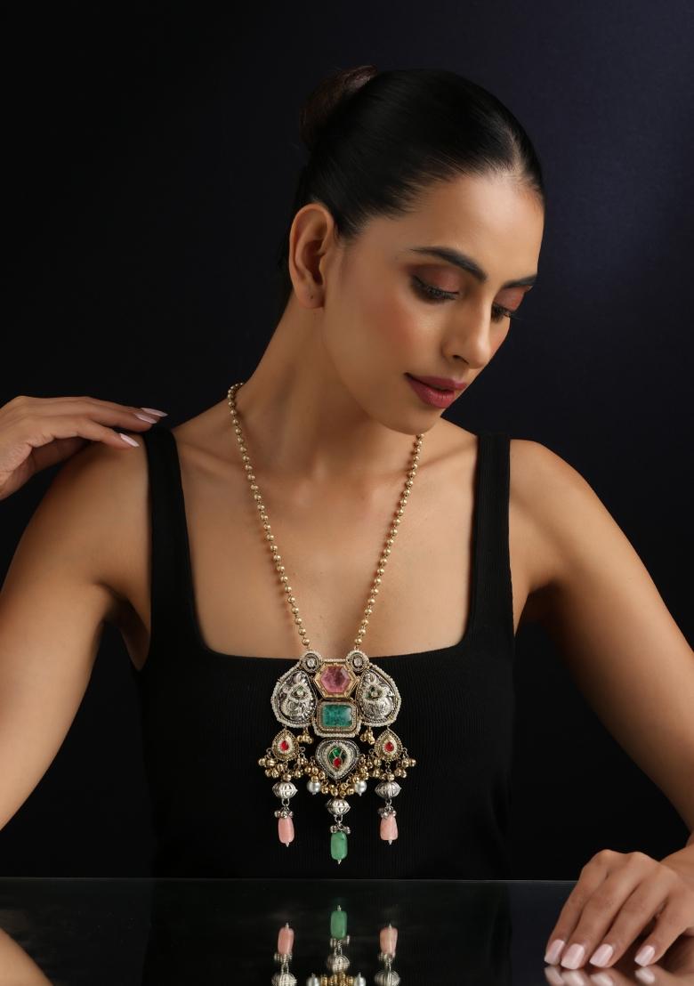 Multicolor Zirconia Silver Necklace - Indya