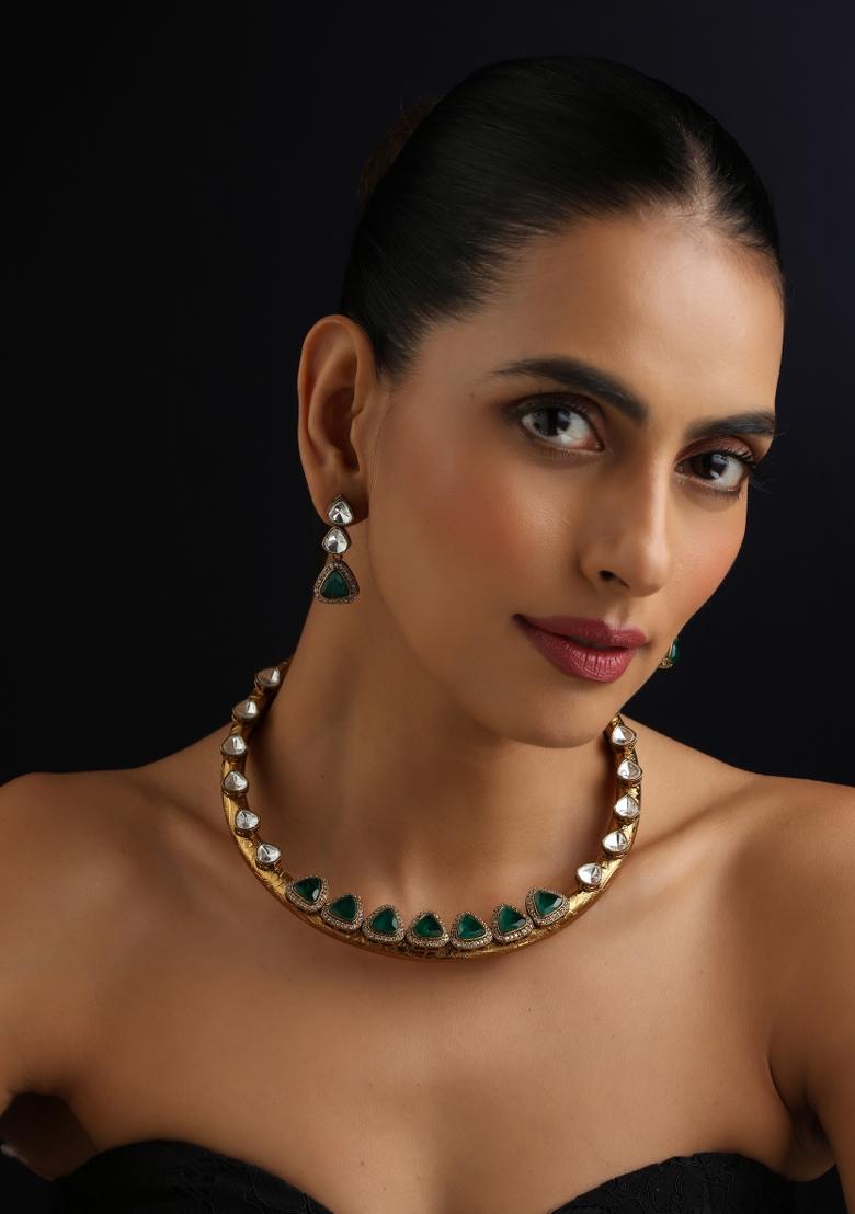Green Polki Brass Necklace - Indya