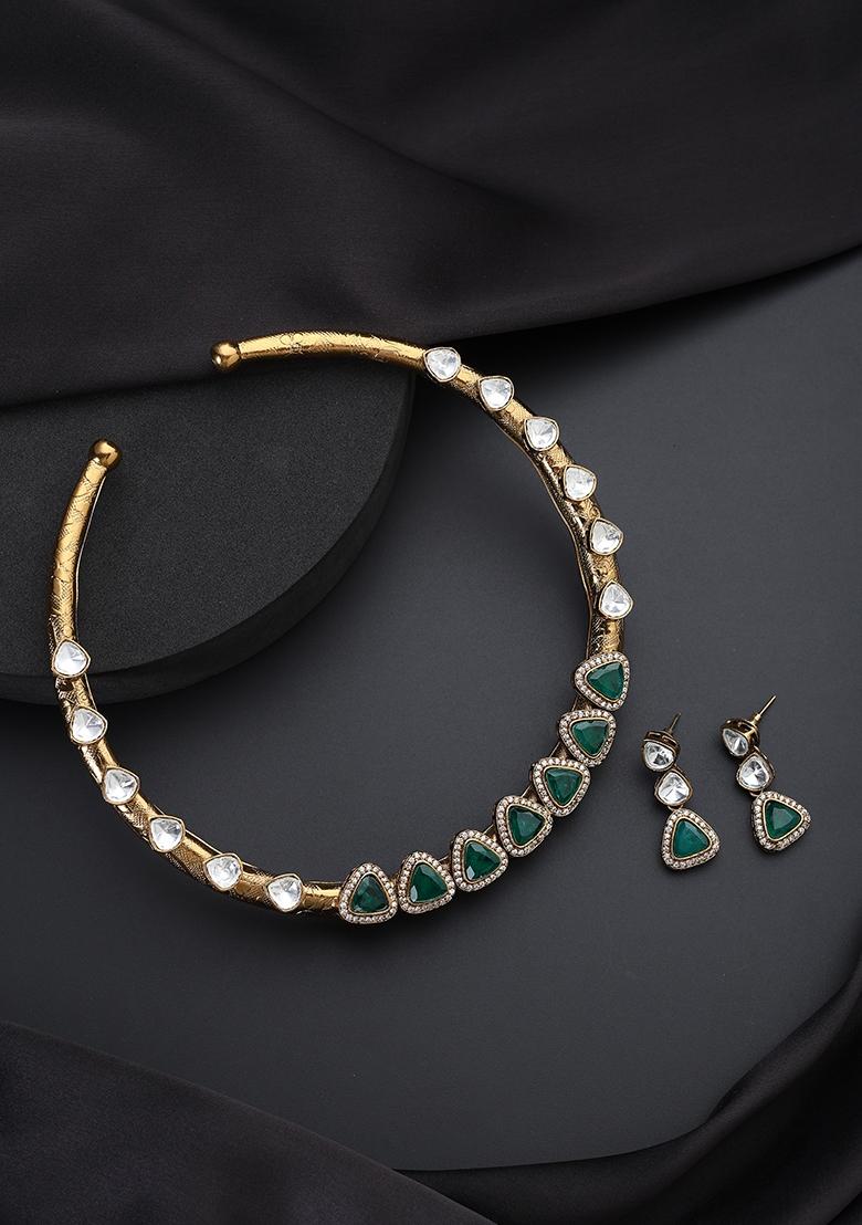 Green Polki Brass Necklace - Indya