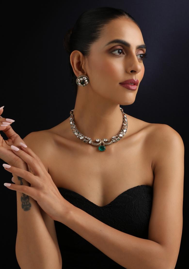 Green Polki Brass Necklace - Indya