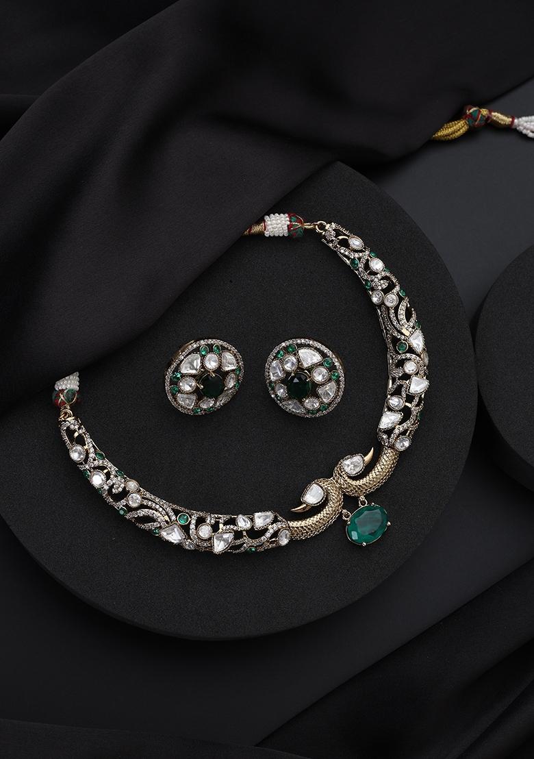 Green Polki Brass Necklace - Indya