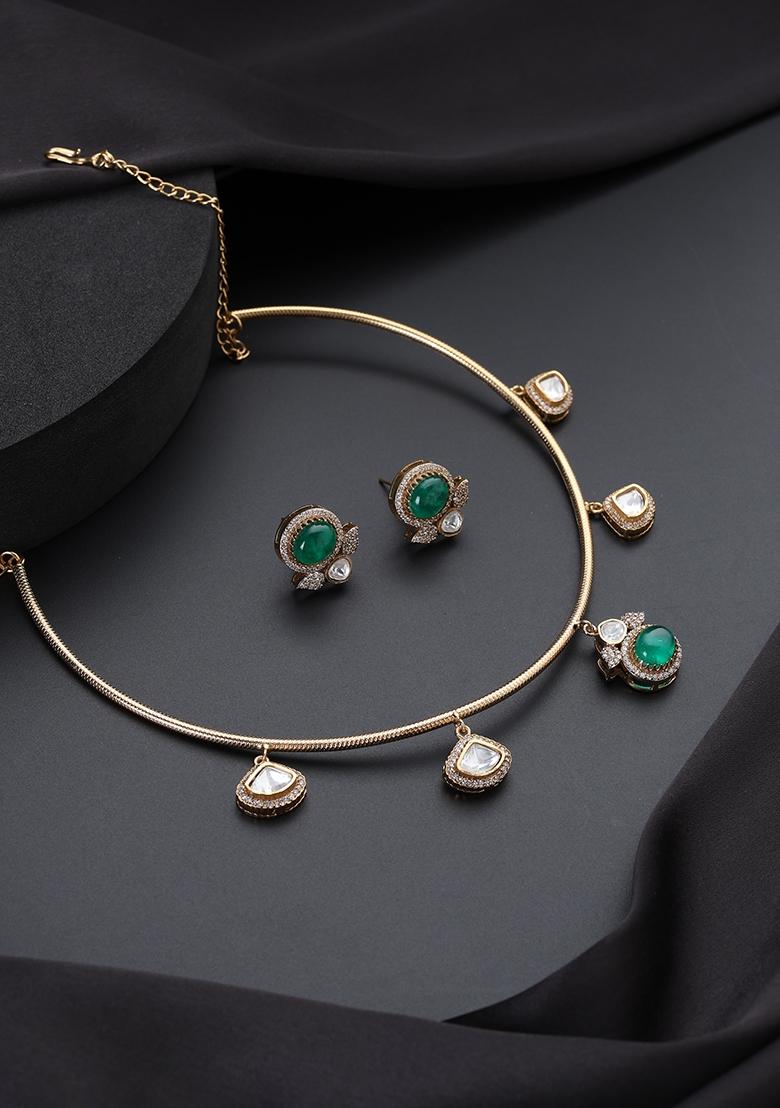 Green Polki Brass Necklace - Indya