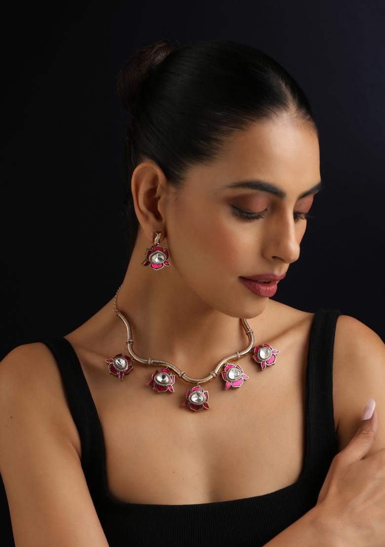 Red Polki Brass Necklace - Indya