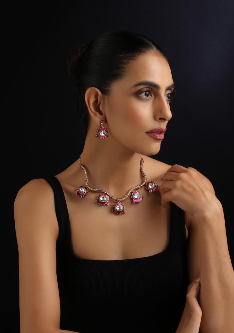 Red Polki Brass Necklace - Indya