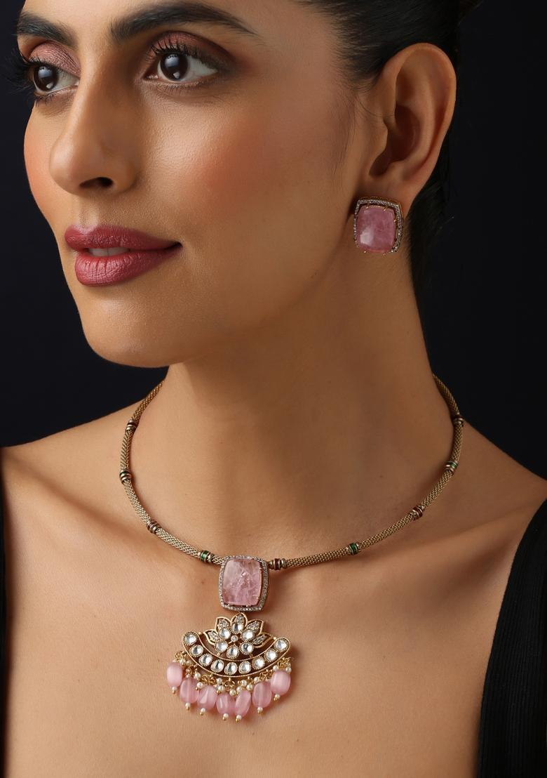 Pink Polki Brass Necklace - Indya