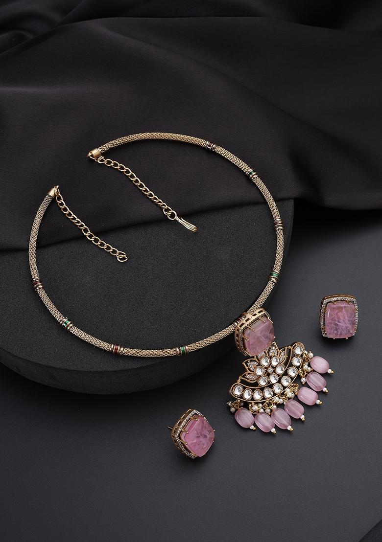 Pink Polki Brass Necklace - Indya