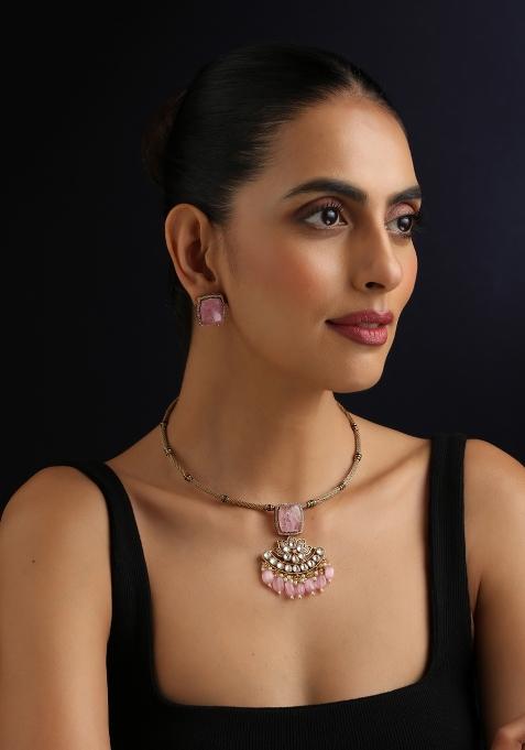 Pink Polki Brass Necklace