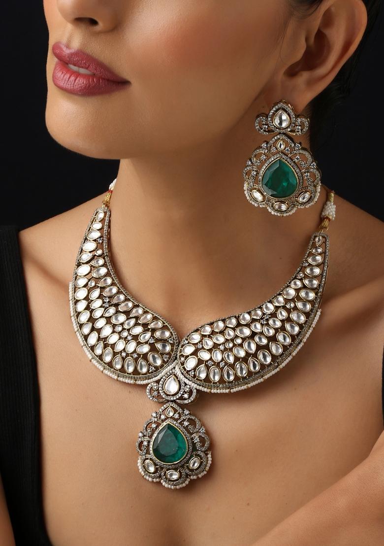 Green Polki Silver Necklace - Indya