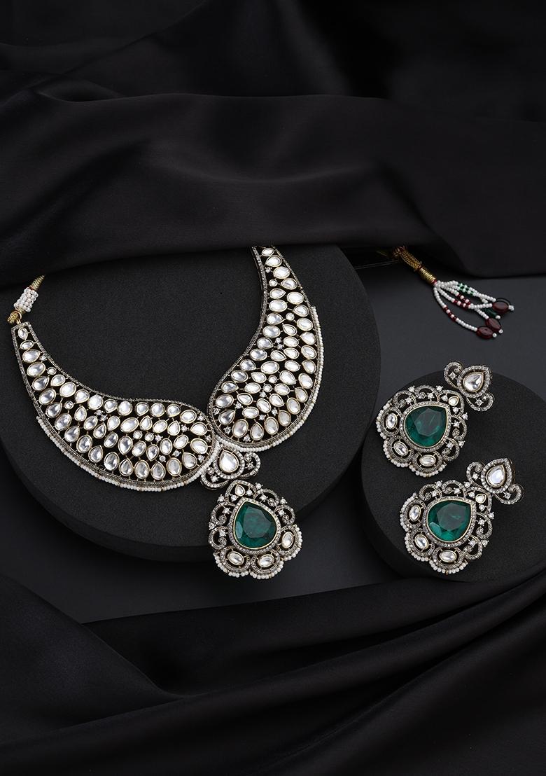 Green Polki Silver Necklace - Indya