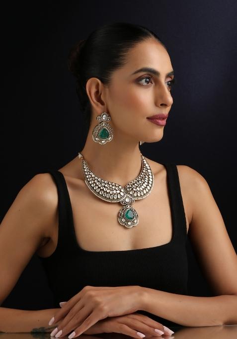 Green Polki Silver Necklace