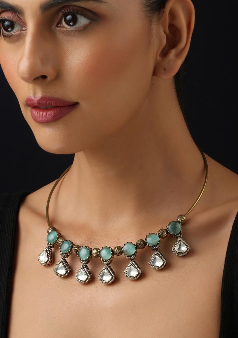 Mint Polki Brass Necklace - Indya