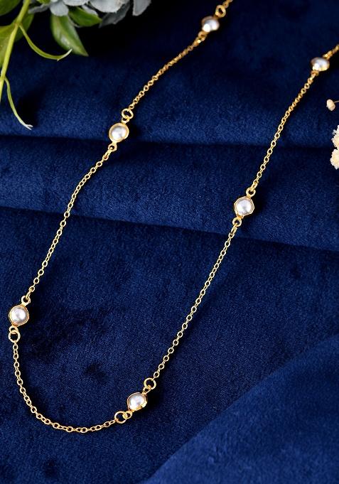 Gold-Toned Women Pearl Studded Stainless Steel Chain