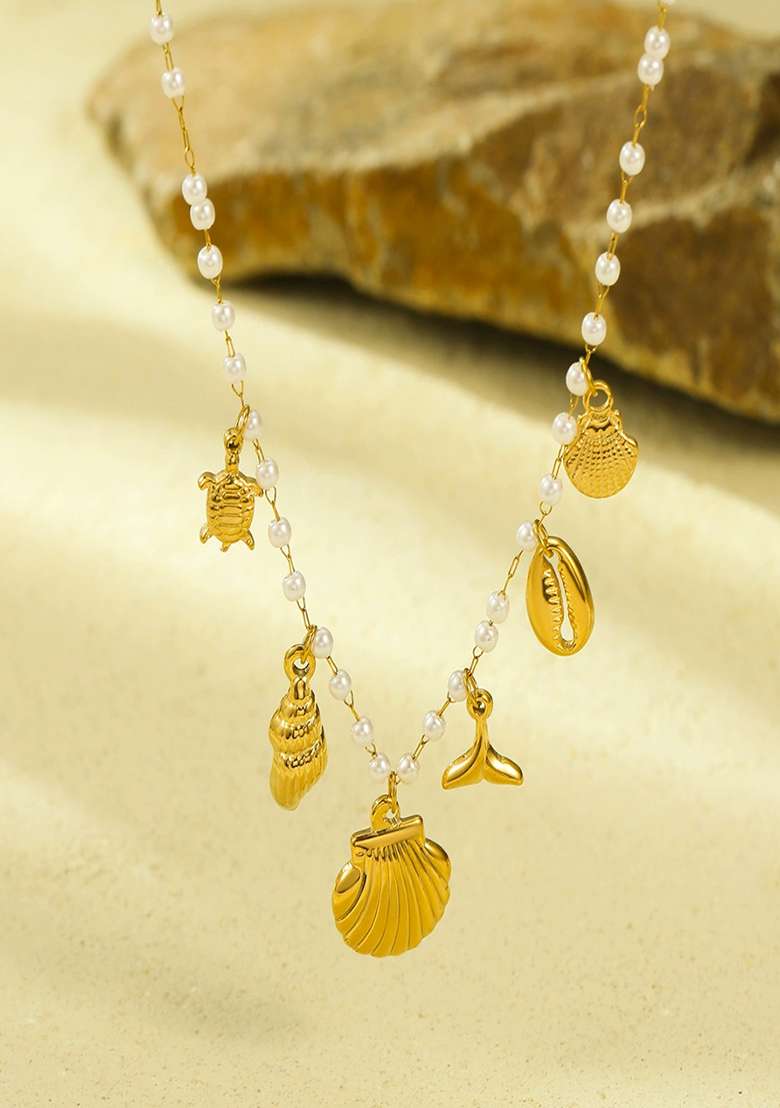 18K Gold Plated Waterproof Anti-Tarnish Shell & Sea Charms Pearl Necklace - Indya