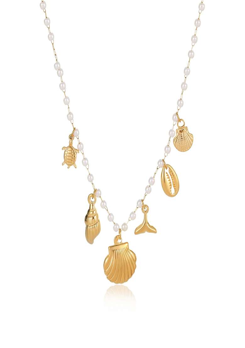 18K Gold Plated Waterproof Anti-Tarnish Shell & Sea Charms Pearl Necklace - Indya