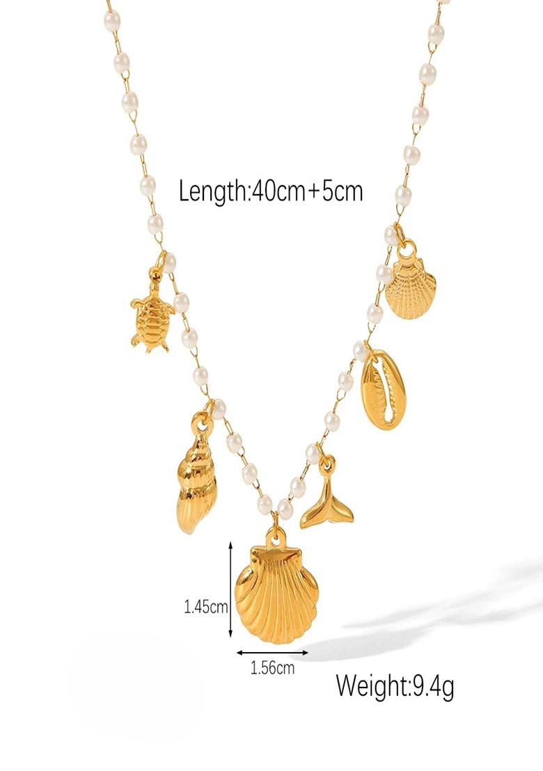 18K Gold Plated Waterproof Anti-Tarnish Shell & Sea Charms Pearl Necklace - Indya