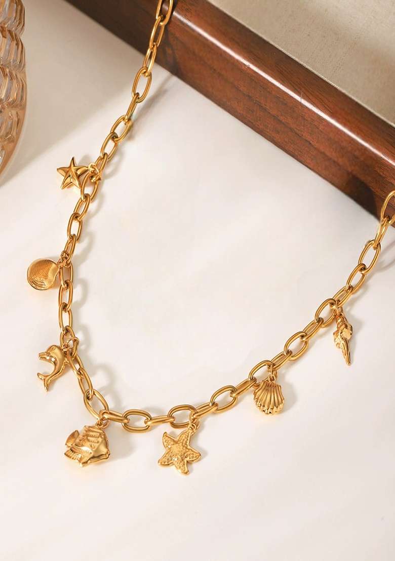 18K Gold Plated Waterproof Anti-Tarnish Fish & Sea Charms Necklace - Indya