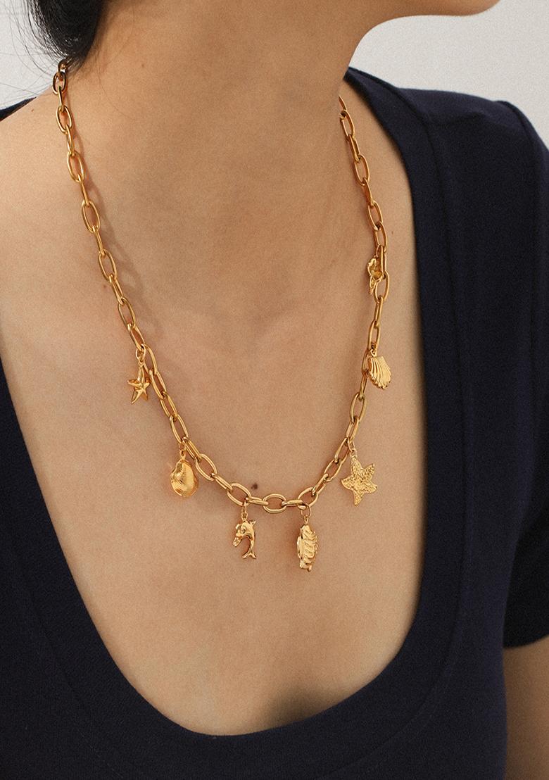 18K Gold Plated Waterproof Anti-Tarnish Fish & Sea Charms Necklace - Indya