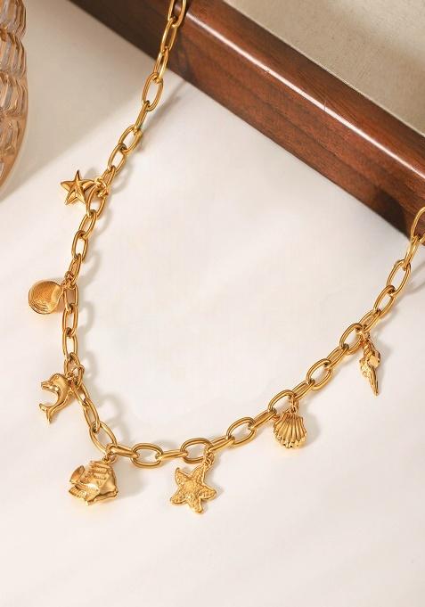 18K Gold Plated Waterproof Anti-Tarnish Fish & Sea Charms Necklace