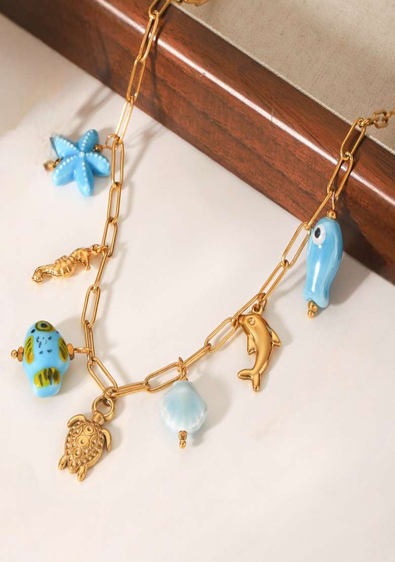 18K Gold Plated Waterproof Anti-Tarnish Fish & Sea Charms Necklace - Indya